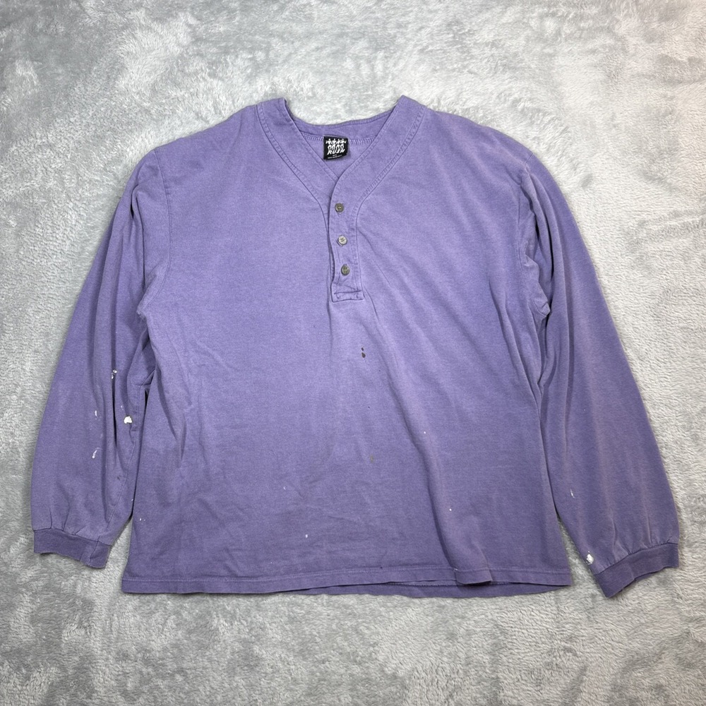 Vintage Rush Shirt Mens Purple M/L Henley Distressed Faded Stained Paint USA 90s